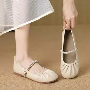 French retro versatile light mouth flat-soled single shoes women s 2024 new summer round head pearl soft sole Mary Jane shoes 35 абрикосовый