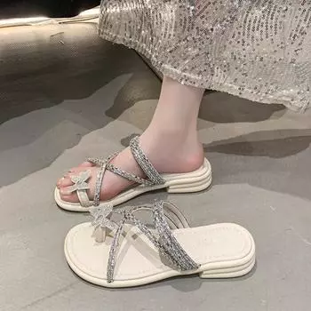 French rhinestone fairy slippers female summer wear flat bottom 2025 new clip toes beautiful with skirt beach mop 35 чёрный