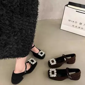 French rhinestone Mary Jane single shoes women s 2024 new thick heel thick sole one-word buckle with gentle wind evening shoes tide 35 чёрный