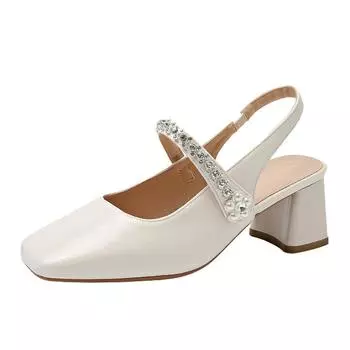 French rhinestone rear empty Mary Jane shoes women s 2025 summer new versatile thick heel high heels retro buckle sandals 34