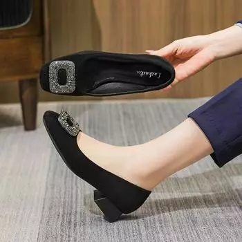 French rhinestone thick heel high-end single shoes women s 2024 new summer square head shallow mouth temperament high-heeled commuting shoes 35