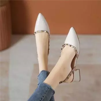 French rivet shoes children s summer new light mouth flat bottom low heel nude low heel thick heel patent leather pointed sandals 35