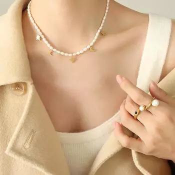 French Romance Star Moon Myth Freshwater Pearl Chain Elegant Non-Fading Personality Youth Niche Design Necklace Jewelry