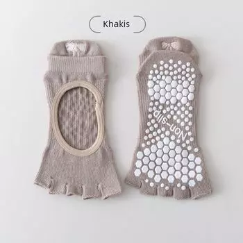 French Romantic Embroider Bows Open Toe Yoga Socks Women s Sports Toe Socks Silicone Non Slip Sports Shock Absorption Breathable 1 Pair [khakis]]