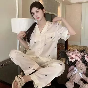 French Romantic Lethargic Style Art Butterfly Women Pajamas Elegant Short Sleeve+pant Sleepwear New Summer Home Lounges M бежевый