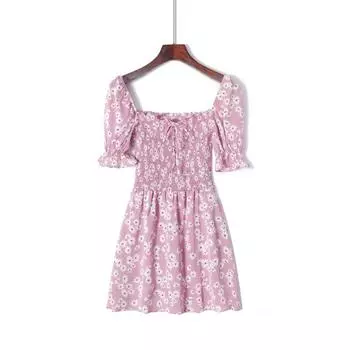 French Royal Style Little Daisy off-Neck Elastic Waist-Tightening Dress Tea Break Bell Sleeve Retro Short Skirt Purple S