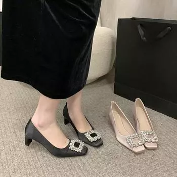 French satin pink single shoes 2024 rhinestone square heel bridesmaid shoes square head shallow mouth high heels 35 абрикосовый