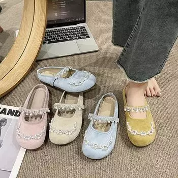 French sequined Mary Jane bag head half slippers 2025 new flat-bottomed loafers spring and summer Korean version temperament single shoes 35