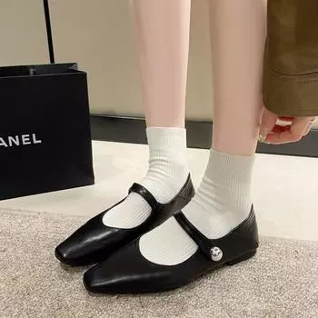 French shallow mouth one pedal small leather shoes women s 2024 new fashion temperament one word with square head Mary Jane shoes 35 чёрный