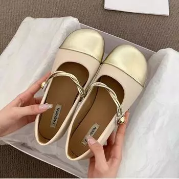 French small fragrant style mint mambo outer wear 2024 foreign style round head splicing four-season denim medium heel low heel shoes 35