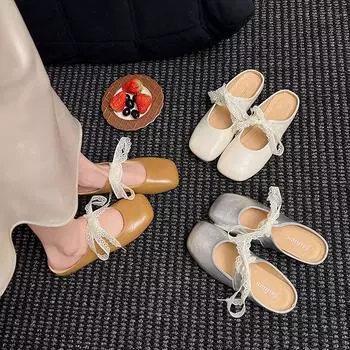 French small fragrant wind bag head half slippers women s shoes wear 2025 spring and summer evening lace Mary Jane half tray single shoes 35 имбирный