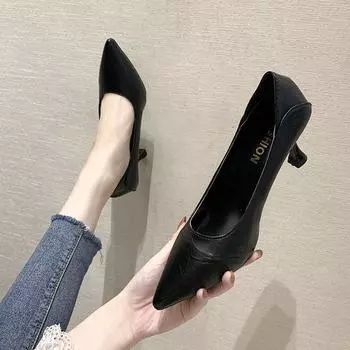 French small high-heeled women s shoes stiletto 2025 new spring and summer professional dress black single shoes work soft leather shoes middle heel 34