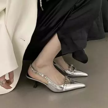 French small medium heel sandals women s summer 2025 spring black pointed kitten heel single shoes high heels temperament 35 серебряный