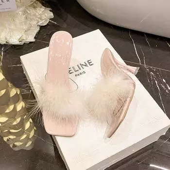 French small sandals, women s shoes, spring and summer 2025 new thick heels, not tired feet, evening breeze square head one-word slippers 35