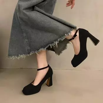 French small square head heightening single shoes 2024 new spring and autumn waterproof table thick heel one-word buckle strap high heels women 34