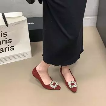 French square buckle rhinestone commuter wedge single shoes 2024 new suede low heel one pedal ladyshoes 35 хаки