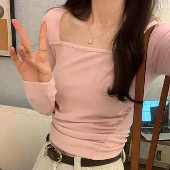 Футболка с длинными рукавами и французским квадратным воротником для женщин, новая осенне-зимняя рубашка с низом, однотонная, обтягивающая талия, короткий верх S