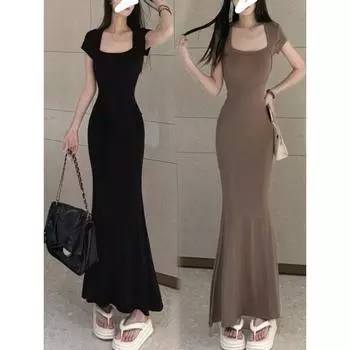 French Square Collar Fishtail Dress Silm Slim Looking Cover Sexy Package Hip Short Sleeve Dress Waist Brown regular L