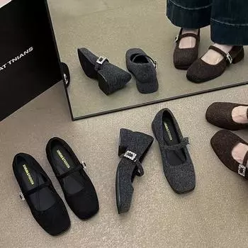 French square head coarse heel woolen shoes women s 2025 spring new suede comfortable and trendy commuting light mouth temperament single shoes 35 чёрный