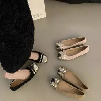 French square head color matching gentle wind evening shoes women s shoes 2024 new spring Korean version light mouth with skirt single shoes 35 чёрный