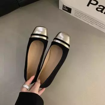 French square head color matching gentle wind evening shoes women s shoes 2024 new spring Korean version light mouth with skirt single shoes 35 чёрный