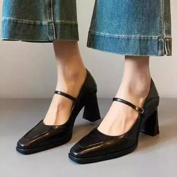 French square head Mary Jane shoes women s spring and summer 2025 retro high heels with leather light mouth thick heel single shoes 35