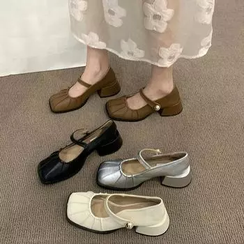 Туфли Мэри Джейн на французском квадратном каблуке, женские однобортные туфли на среднем каблуке, новинка 2024 года, элегантные туфли-лодочки в стиле ретро с одной пряжкой для вечеринок, женская обувь 4.5 чёрный