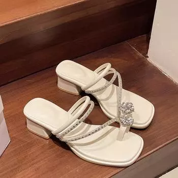 French square head rhinestone flower set toe women s 2025 summer new fashionable and elegant thin strap thick heel sandals 35