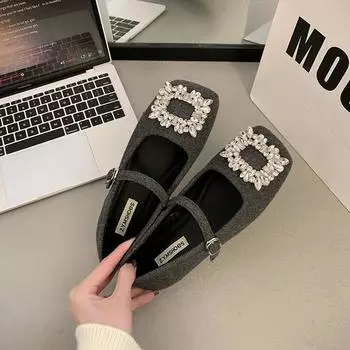 French square head rhinestone Mary Jane shoes girl 2025 spring new shallow mouth grandma shoes fairy soft flat shoes 35 чёрный