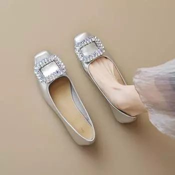 Французские квадратные туфли женские со стразами в стиле феи на низком каблуке с подставкой для ног с неглубоким горлом серебряные туфли 35 серебряный
