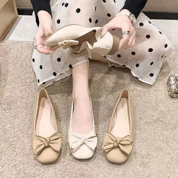 French square head single shoes women s shallow mouth 2024 new spring and autumn shoes sweet bow flat bottom temperament Doudou shoes women 35