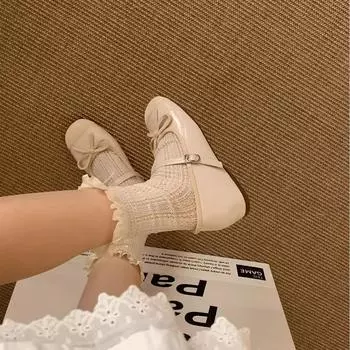 French square head splicing one-word with flat ballet shoes 2025 spring and autumn new gentle bow light mouth single shoes 35 красный