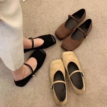 French square toe Mary Jane shoes women s summer Low heel single shoes fashion retro loafers women s flat bottomed ballet shoes 4.5 хаки