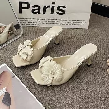 French stiletto sandals 2025 spring and summer new one-word drag versatile niche fashion three-dimensional flower women s shoes accessories 35