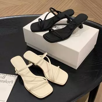 French strap high heels fairy style square head thin cool slippers women wear temperament sandals 35 белый