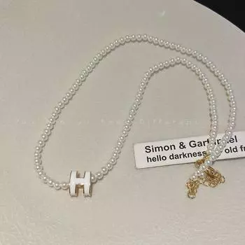 French Style Bow Female Clavicle Chain Best Selling Small Rice-Shaped Beads Letter H Pearl Necklace