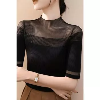 French Style Classy Wool Half Turtleneck Mesh Lace Cut Out Tops Women s Spring & Fall New Inner Wear Knitting Bottoming Shirt Thin Black XL([Recommended 60.00 kg-65.00 kg]])