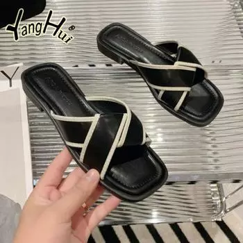 French Style Color Matching Pu Anti-slip All-match Temperament Women s Slippers 2024 New Fashion Simple Low Heel Women Shoes 35 чёрный