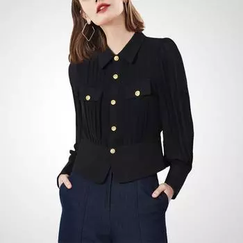 French Style Design Niche Style Retro Black Waist Trimming Shirt 2025 Summer New Arrival Work Clothing Temperament Long Sleeve Shirt Black L