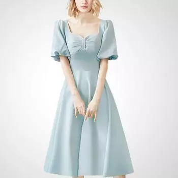 French Style Elegance Special-Interest Design Fancy Dress 2025 Summer New Arrival Temperament Waist-Controlled Slimming Tea Break Dress Light blue S