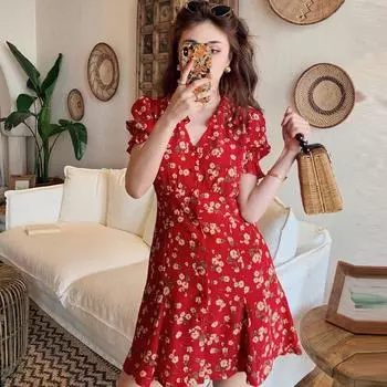 French Style Fancy Floral Chiffon Dress Women s Summer Small First Date Sweet V-neck Elegant Figure Flattering Dress Red XL