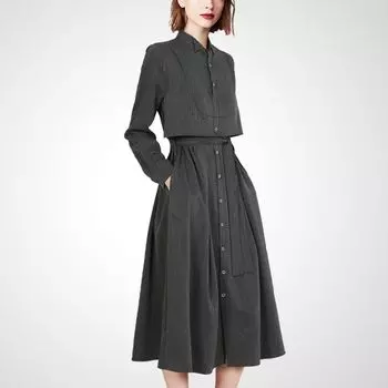 French Style Fancy Gray Stand-up Collar A- line Dress Fake Two-Piece Gray M