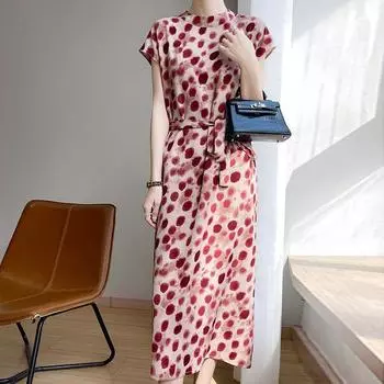 French style Fashion New Elegant Half-high Collar Satin Print Dress Draping Effect Elegant All-Match Printing Long dress Crimson dot XL