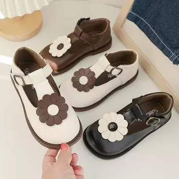 French Style Girls Loafers Flowers Cute Round-toe Versatile Soft Kids Fashion Casual Leather Shoes Children Baby Princess Shoes 23 чёрный