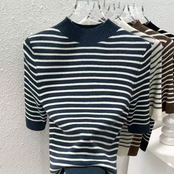 French Style Half Turtleneck Half Sleeve Base Top Sweater Haze Blue 2XL