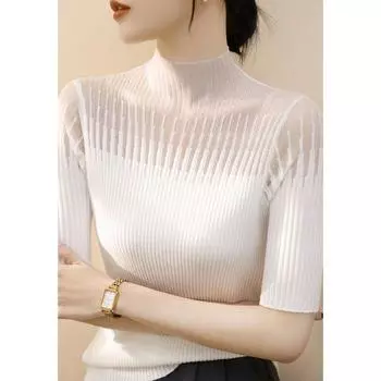French Style Half Turtleneck Mesh Spring & Fall Half Sleeve Lace White [middle sleeve high quality fabric]] 3XL