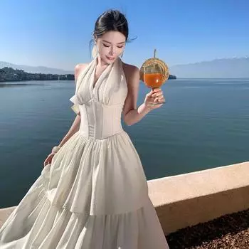 French style Hanging Neck Waist Hugging White Princess Cake Skirt Backless Dress Seaside Photography Vacation Beautiful Temperament Long dress Image color S