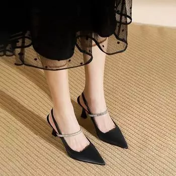 French Style High Aesthetic Black Pointed High Heels with Rhinestones, Slim Heels, Niche Matching Skirts, Single Shoes, Sandals, Women s Black, Summer 35 чёрный