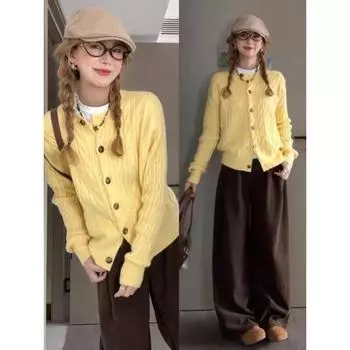 French style Idle Style Milky Yellow Twist Sweater Cardigan 2025 Spring New Long sleeve Knit Outerwear Women clothes Yellow 2XL