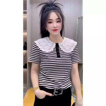 French Style Lace Peter Pan Collar Patchwork American Stripes Pure Cotton Short Sleeve T-shirt Female Summer 2025 New Arrival American Tops Black and white stripes L